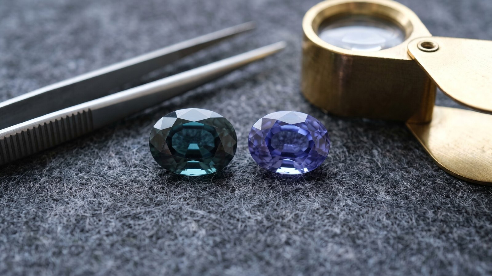 Faceted oval alexandrite and color-change sapphire side by side on a gem pad with tweezers and loupe