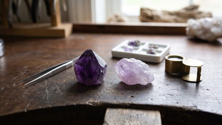 Deep purple amethyst crystal point and pale rough purple quartz on a wooden gemologist workbench with tools