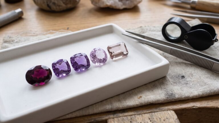 Faceted amethyst gemstones arranged by color saturation on a white grading tray beside gemological tools