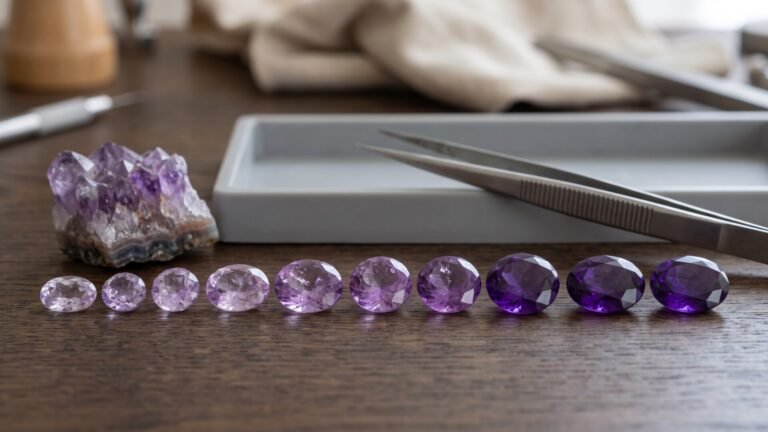 Row of faceted amethyst gemstones showing a gradient from pale lavender to deep royal purple on a jeweler's workbench