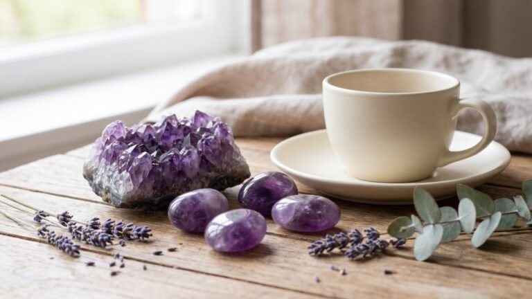 Raw amethyst geode and polished tumbled stones arranged beside a teacup and dried lavender sprigs on wood