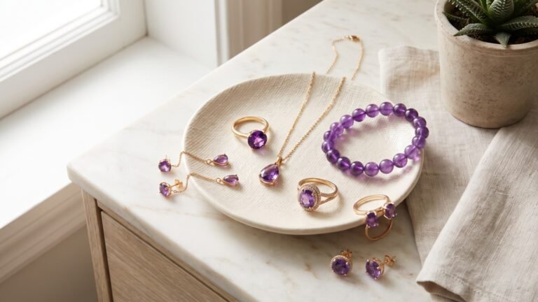 Gold and amethyst rings, earrings, necklace, and beaded bracelet displayed on a textured ceramic dish