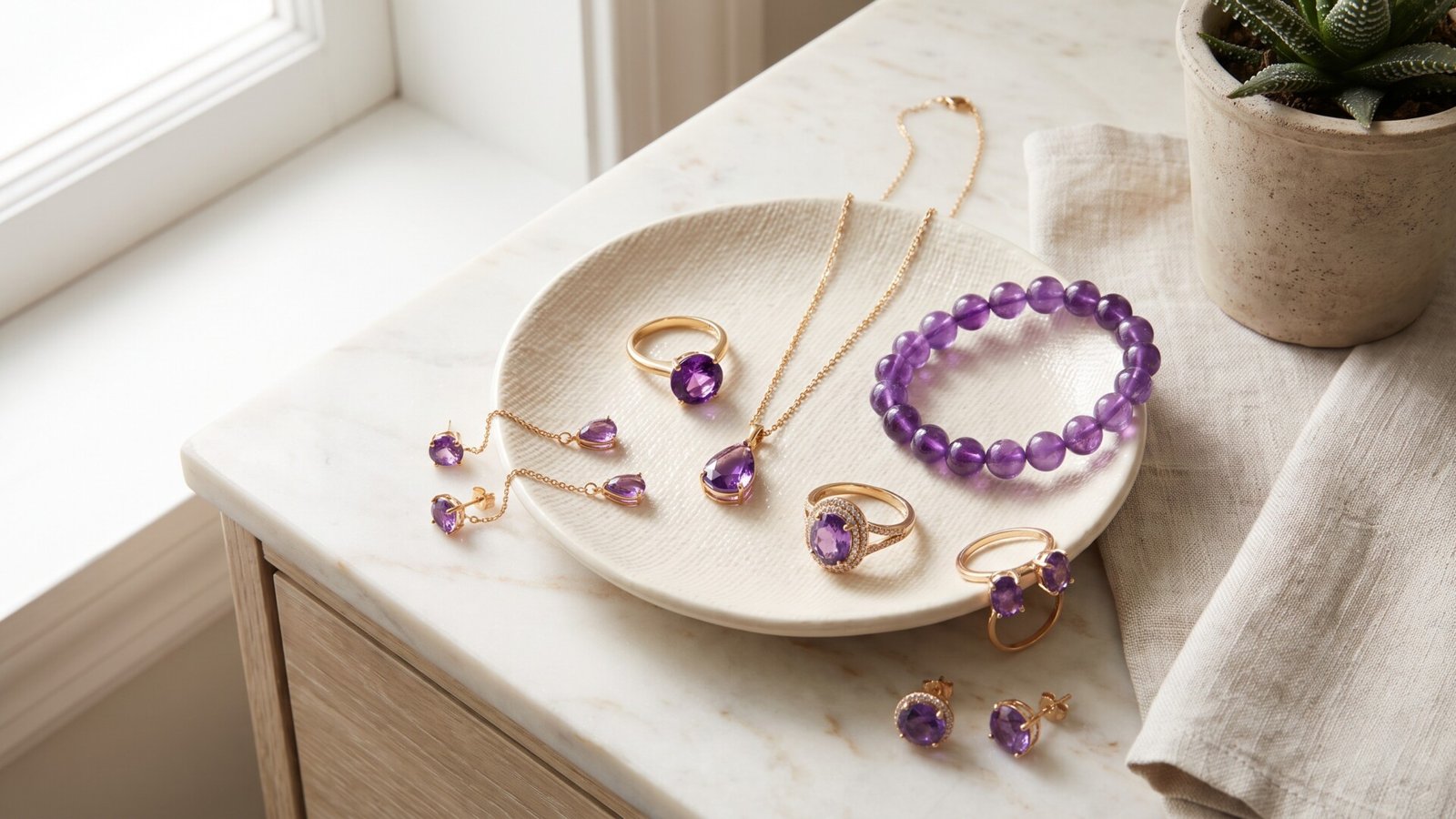 Gold and amethyst rings, earrings, necklace, and beaded bracelet displayed on a textured ceramic dish