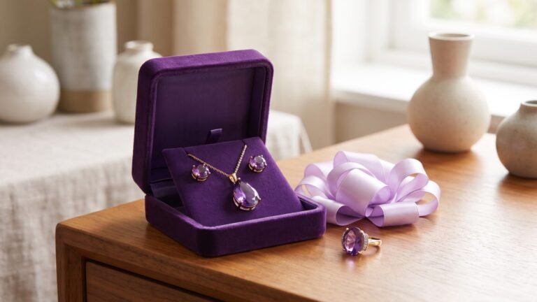 Amethyst pendant necklace and matching earrings in a purple velvet box with a ring and ribbon