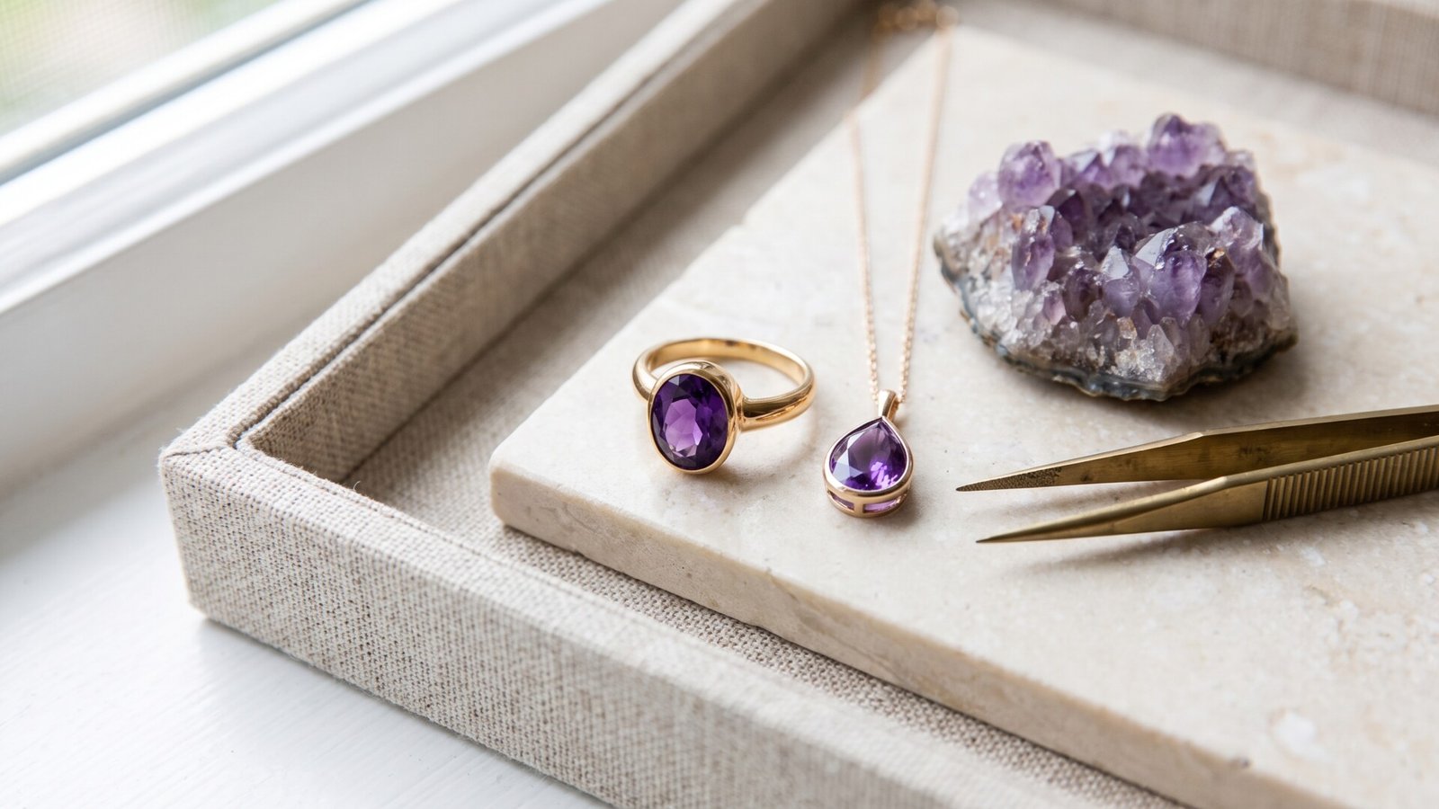 Gold amethyst ring and teardrop pendant necklace beside a raw purple crystal cluster on a jeweler tray
