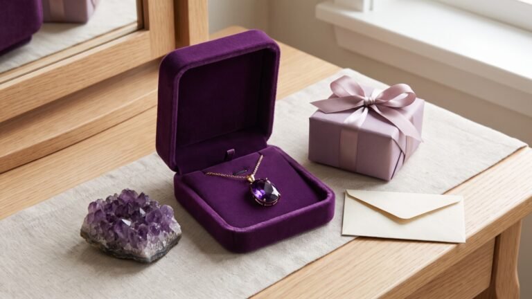 Faceted amethyst pendant necklace in a purple velvet box beside a wrapped gift and raw crystal cluster
