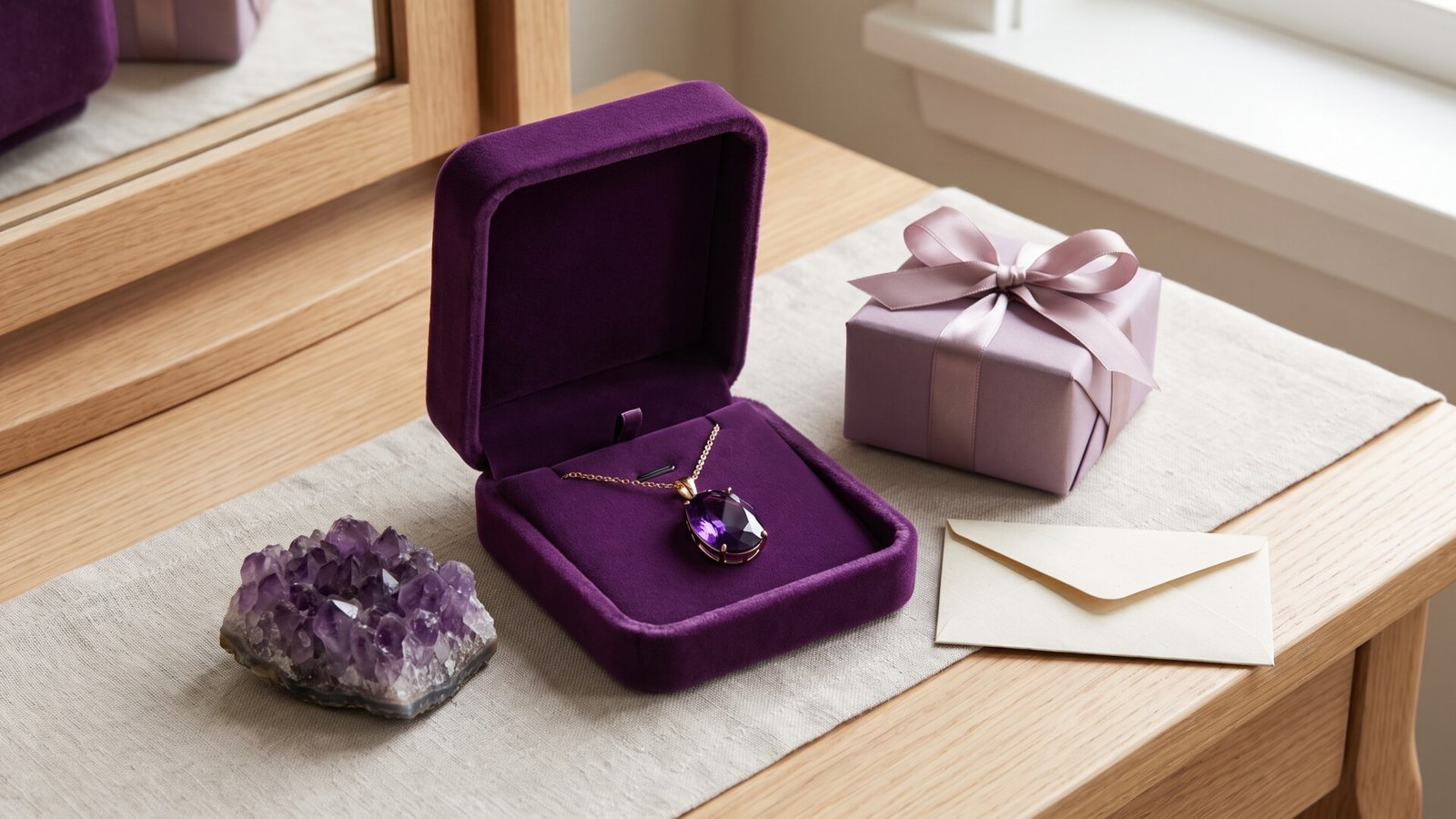 Faceted amethyst pendant necklace in a purple velvet box beside a wrapped gift and raw crystal cluster