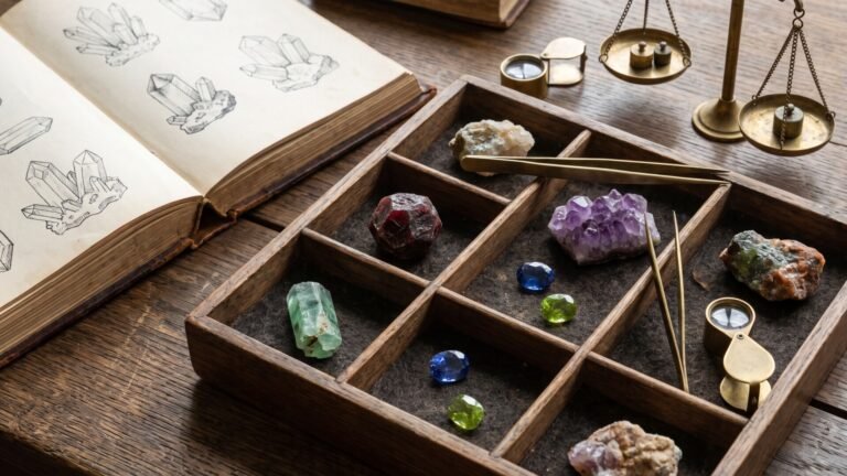 Raw and faceted gemstones in a wooden tray beside antique jeweler scales and an open mineralogy book