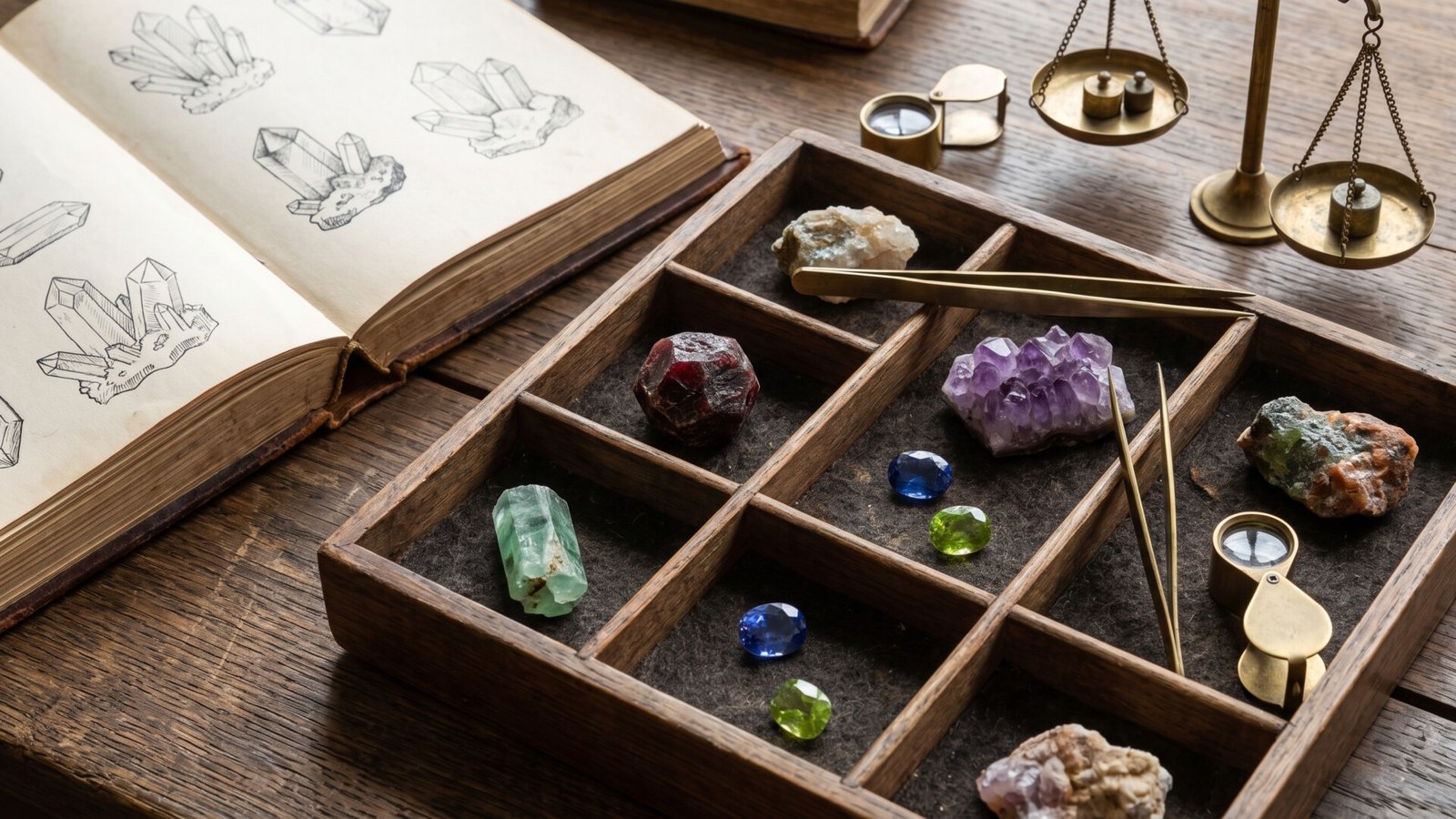 Raw and faceted gemstones in a wooden tray beside antique jeweler scales and an open mineralogy book