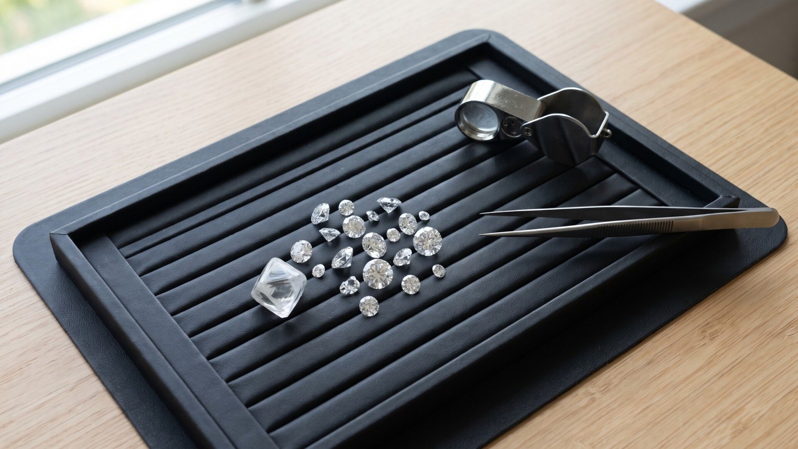Cut diamonds and a rough diamond crystal arranged with tweezers and a loupe on a jeweler's sorting tray