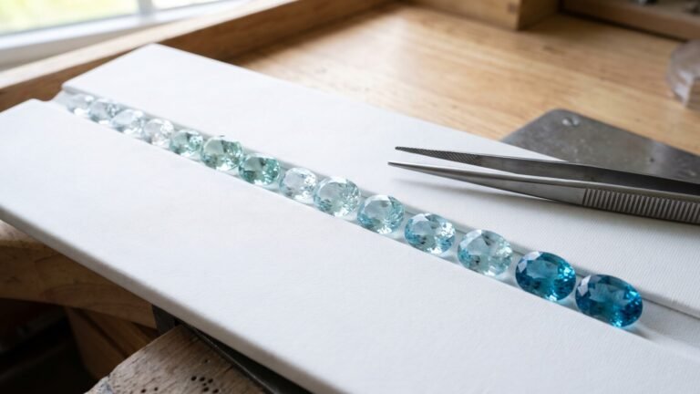 Row of faceted aquamarines graded from pale ice-blue to deep ocean blue alongside gemologist tweezers