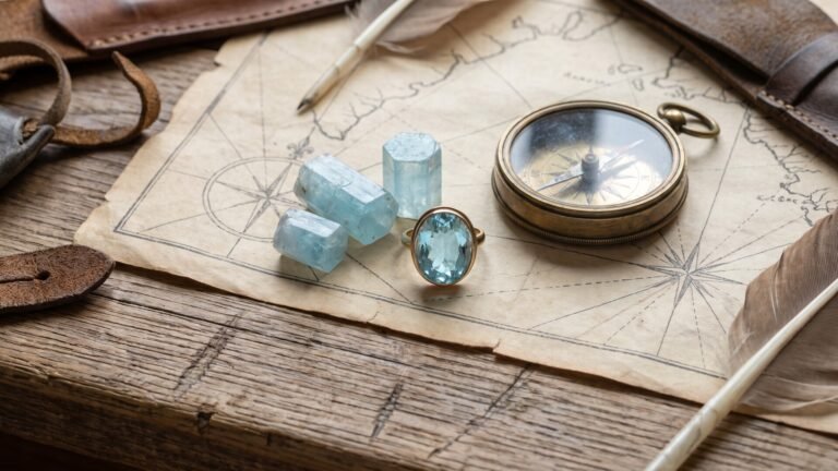 Raw aquamarine crystals and a faceted gemstone ring resting on an antique nautical map beside a brass compass