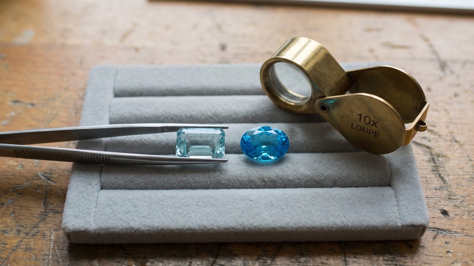 Emerald-cut pale aquamarine in tweezers beside an oval bright blue topaz on a jeweler tray with a loupe