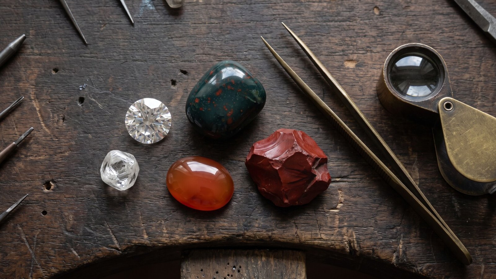 Aries zodiac gemstones including diamond, bloodstone, carnelian, and red jasper on a jeweler's wooden workbench