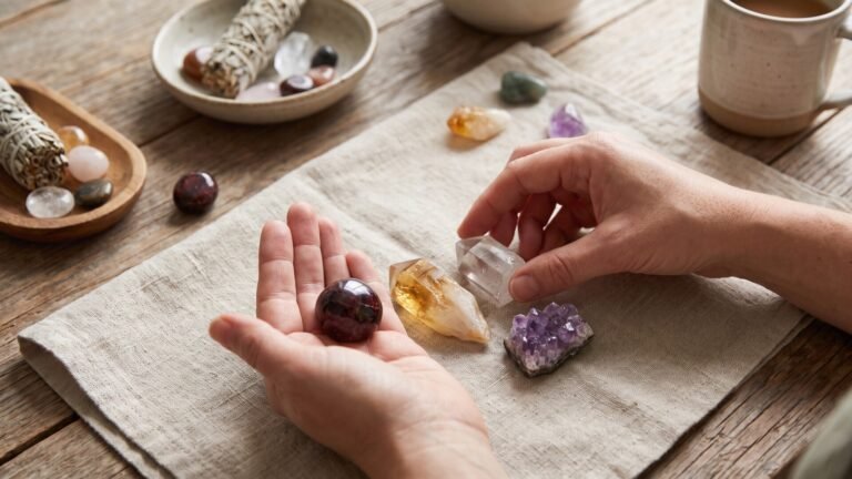 Hands arranging vibrant birthstones including garnet, citrine, and quartz crystals on a linen cloth