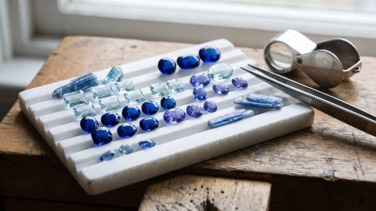 Cut and rough blue gemstones arranged in a sorting tray beside tweezers and a jeweler's loupe