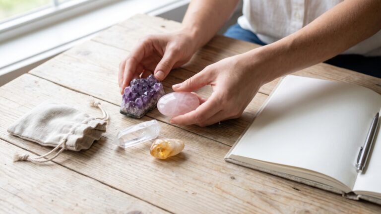 Hands holding an amethyst cluster and rose quartz beside clear quartz and a journal on a wooden desk