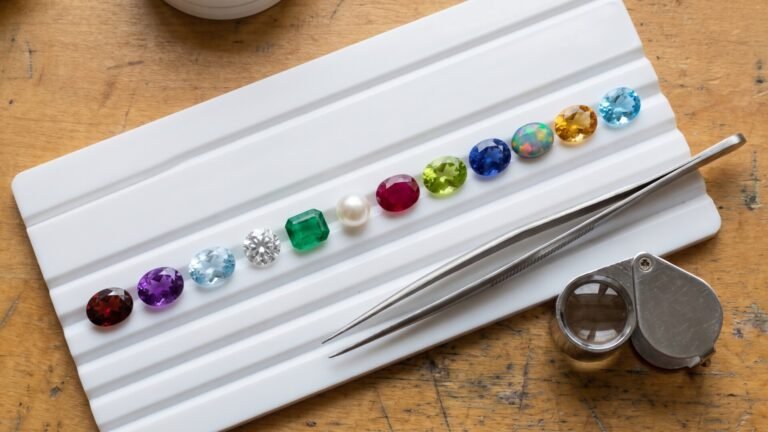 Twelve monthly birthstones arranged in a row on a white jeweler sorting tray beside tweezers and a loupe