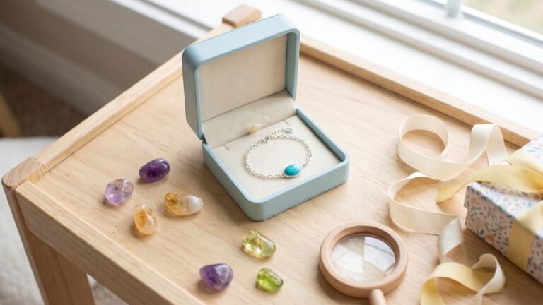 Delicate turquoise birthstone bracelet in a gift box alongside polished gemstones and a wooden magnifying glass