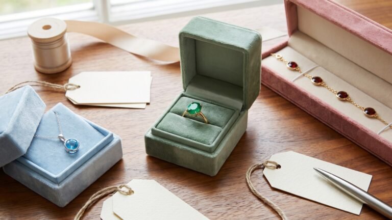 Assortment of birthstone jewelry in velvet gift boxes with blank tags on a wooden table