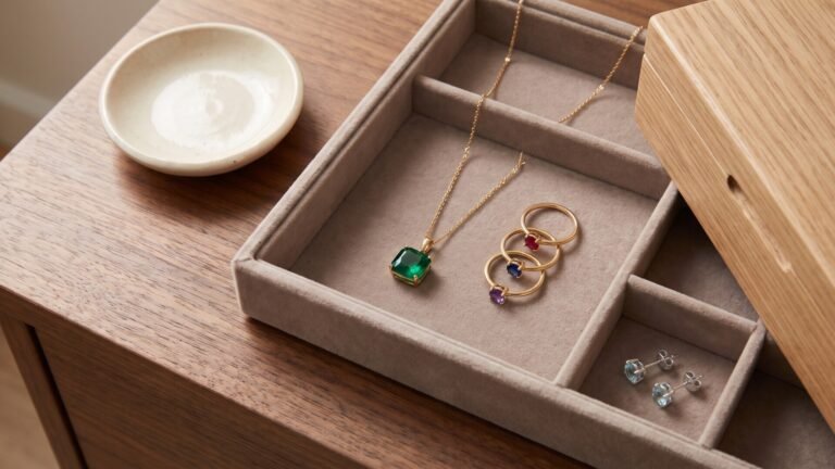 Emerald pendant necklace, colorful gemstone stacking rings, and stud earrings arranged in a velvet jewelry tray