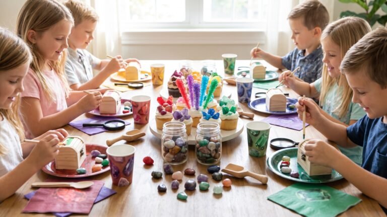 Children painting wooden treasure chests around a party table with birthstone cupcakes and polished gems
