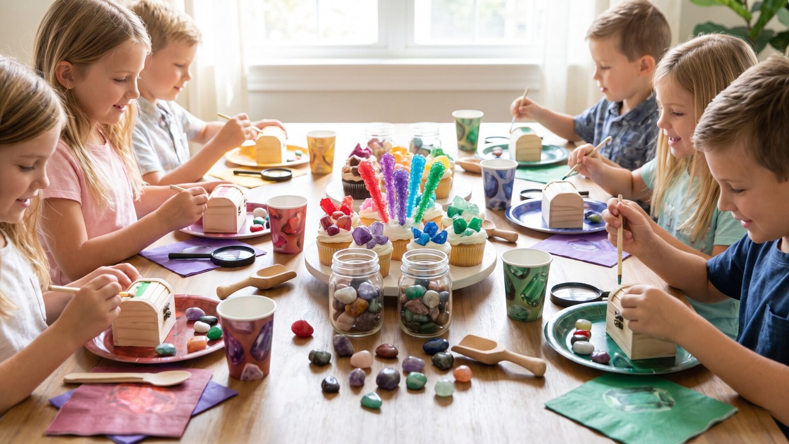 Children painting wooden treasure chests around a party table with birthstone cupcakes and polished gems