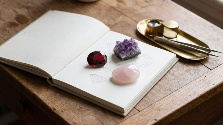 Faceted red garnet, rough amethyst cluster, and polished quartz on a sketchbook beside a jeweler loupe and tweezers