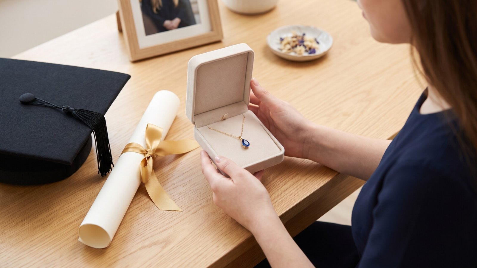 Graduate opening a gift box with a blue birthstone pendant beside a diploma and cap