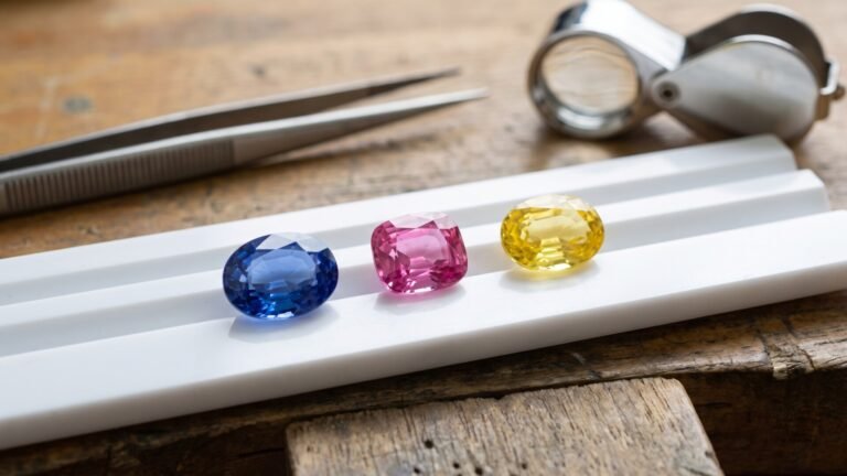 Blue, pink, and yellow faceted sapphires resting side by side in a white gem tray next to jeweler tools