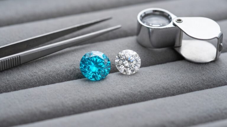 Faceted round blue zircon next to a brilliant-cut diamond with a jeweler's loupe and tweezers on a velvet tray