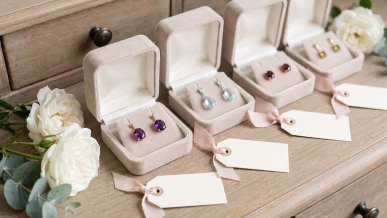 Assorted birthstone earrings in velvet gift boxes with tags on a bridal dressing table beside white roses