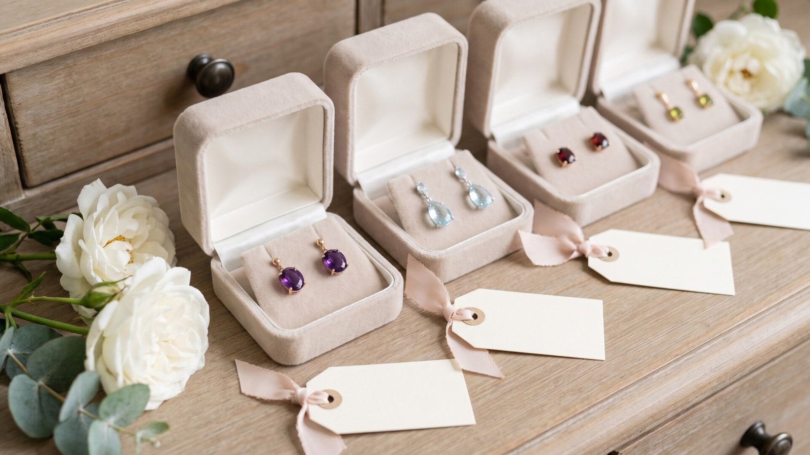 Assorted birthstone earrings in velvet gift boxes with tags on a bridal dressing table beside white roses