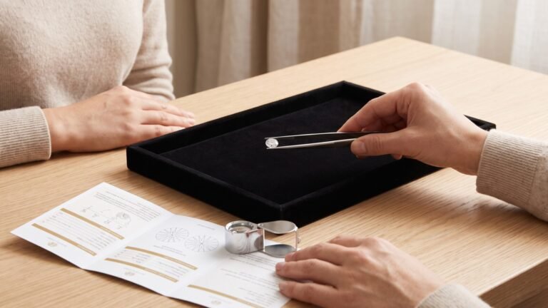 Jeweler holding a loose diamond with tweezers beside a grading report and loupe during a consultation