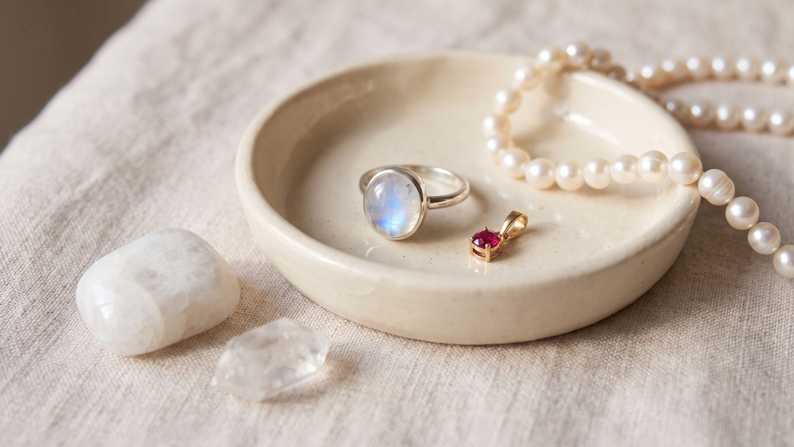 Moonstone ring, ruby pendant, and pearl necklace arranged in a ceramic dish on linen fabric