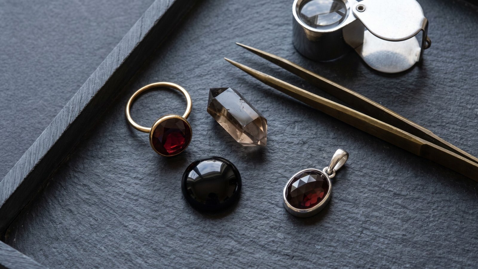 Garnet ring, black onyx cabochon, smoky quartz point, and garnet pendant displayed on a dark slate jeweler's tray