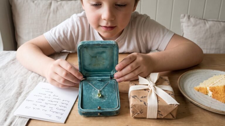 Young child opening a vintage velvet box to reveal a keepsake pendant necklace with a handwritten letter nearby