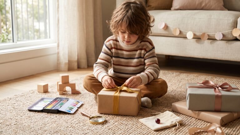 Child unwrapping a birthday present on a living room rug surrounded by paints, wooden blocks, and gifts
