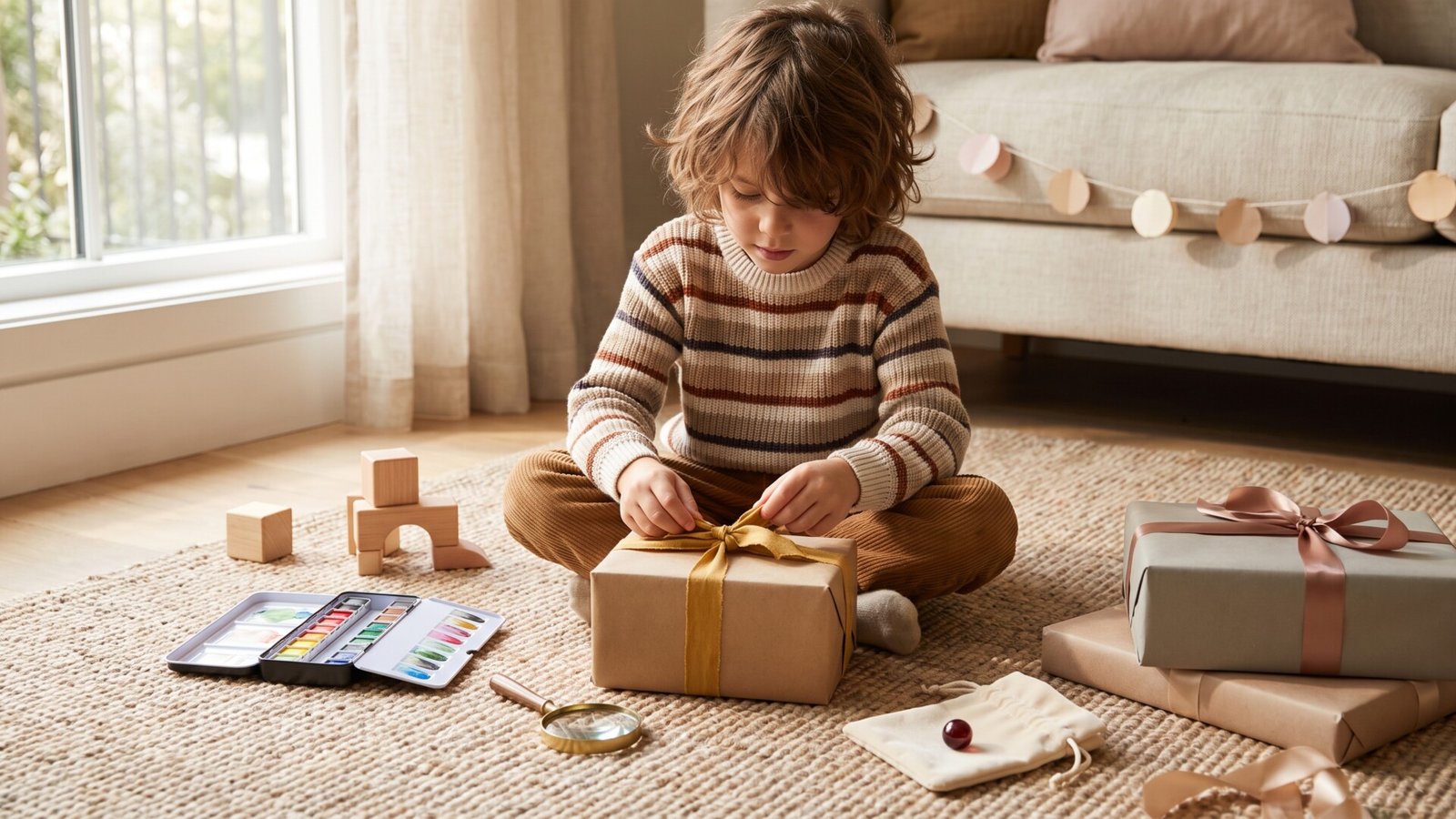 Child unwrapping a birthday present on a living room rug surrounded by paints, wooden blocks, and gifts