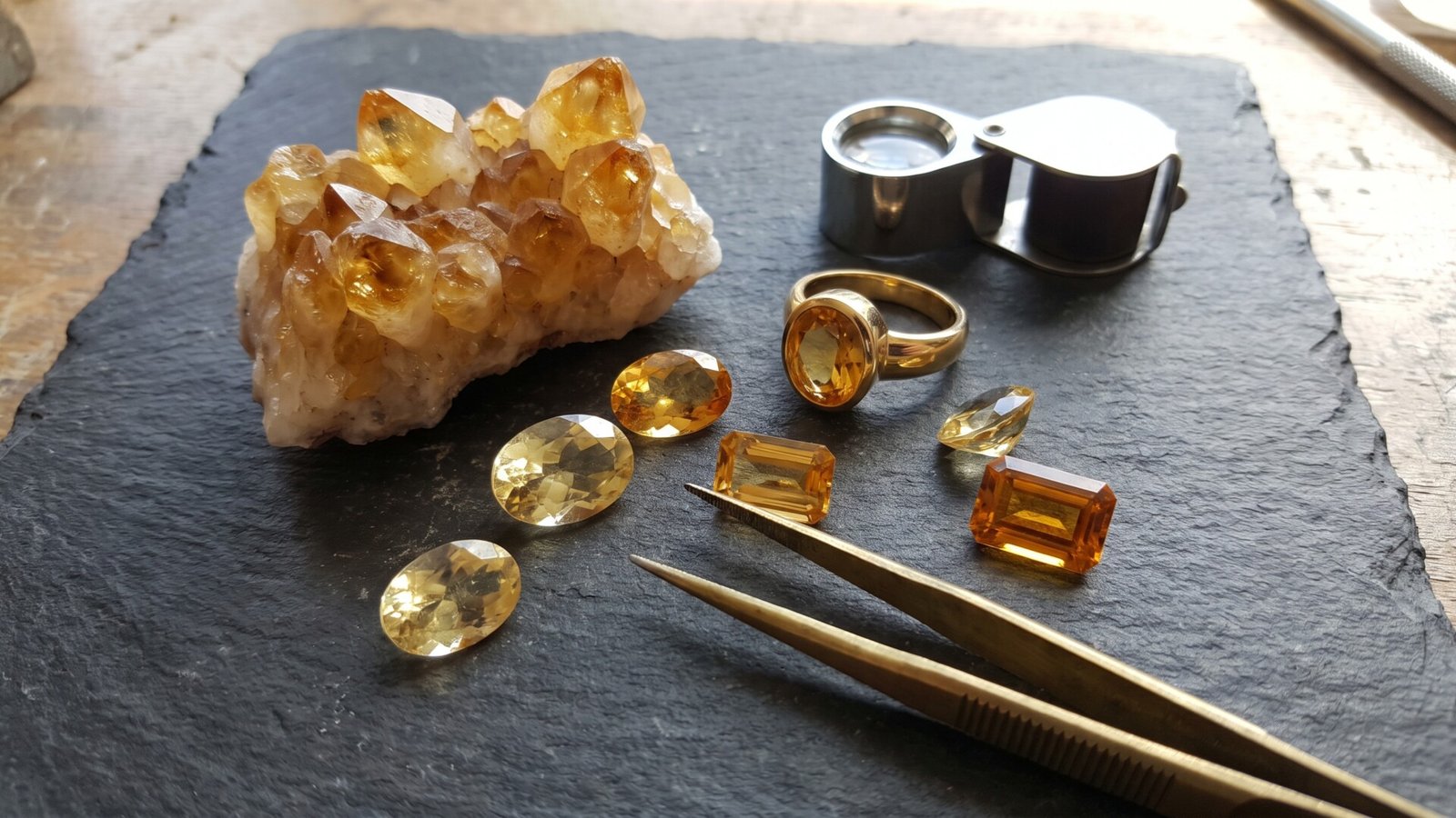 Raw citrine crystal cluster, faceted loose gemstones, and a gold ring arranged on a slate jeweler's workbench