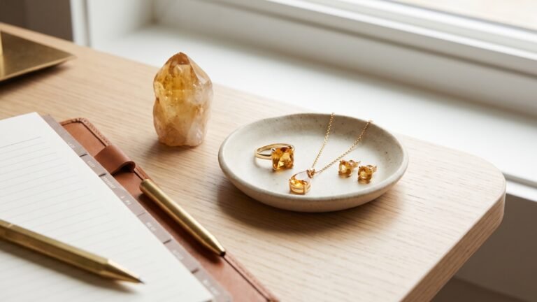 Citrine crystal point and gold citrine jewelry displayed on a wooden desk beside a notebook