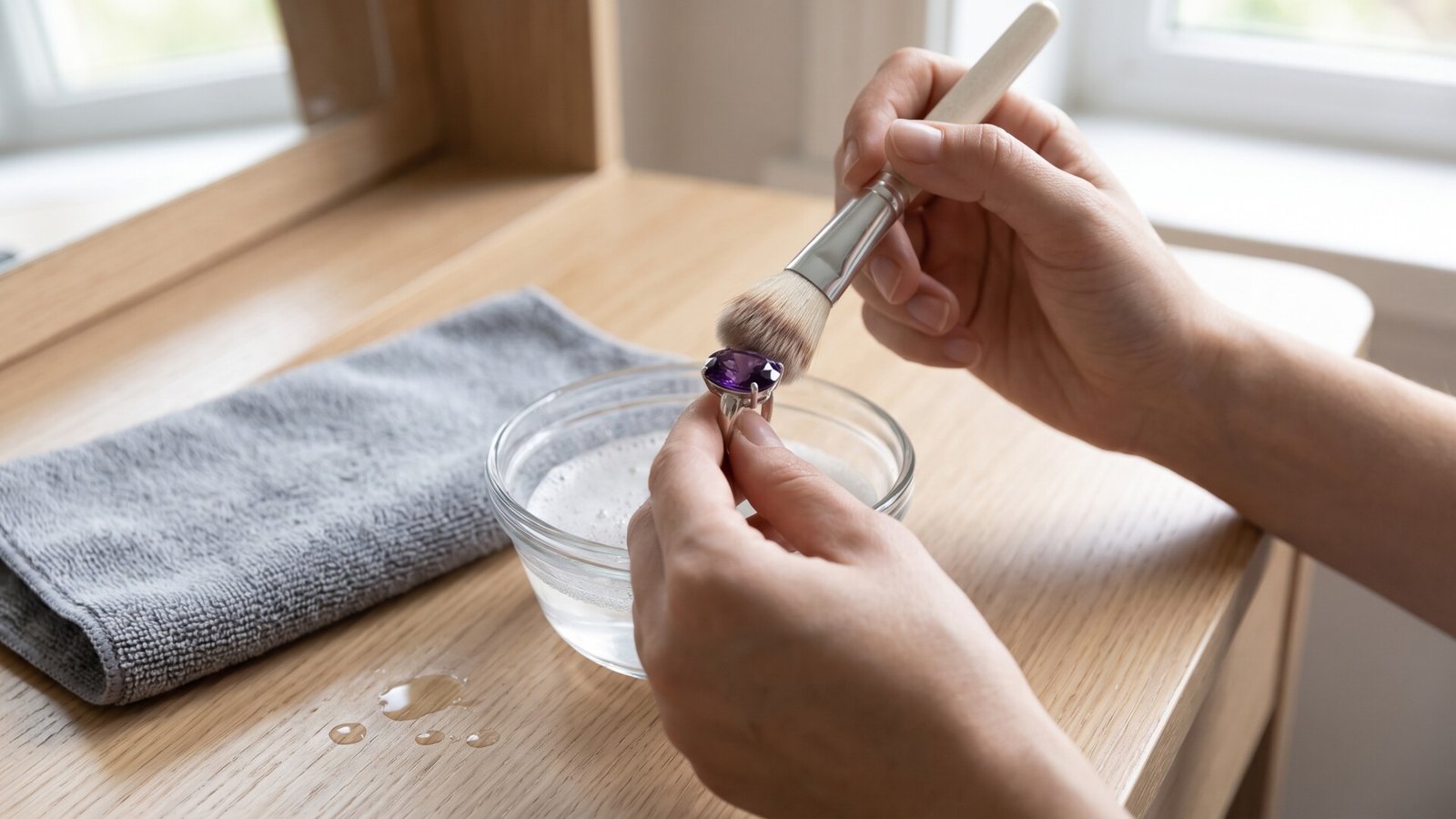 Hands gently cleaning a purple amethyst gemstone ring using a soft brush beside a bowl of soapy water
