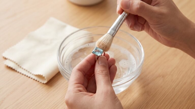 Hands cleaning an emerald-cut aquamarine ring with a soft brush over a glass bowl of soapy water