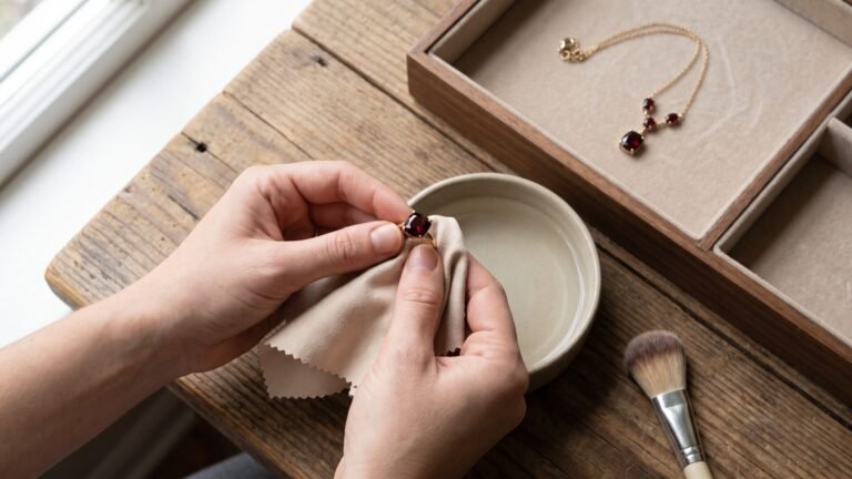 Person polishing a deep red garnet ring with a soft cleaning cloth above a bowl of water on a wooden table