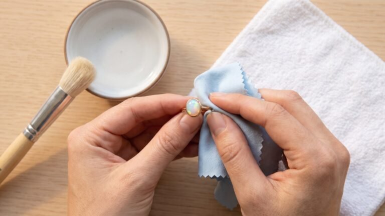 Hands carefully wiping a gold opal ring using a soft microfiber cloth next to water and a gentle brush