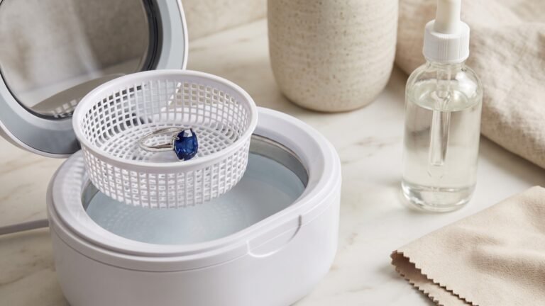 Blue sapphire ring resting in an ultrasonic cleaner basket beside cleaning fluid and a polishing cloth