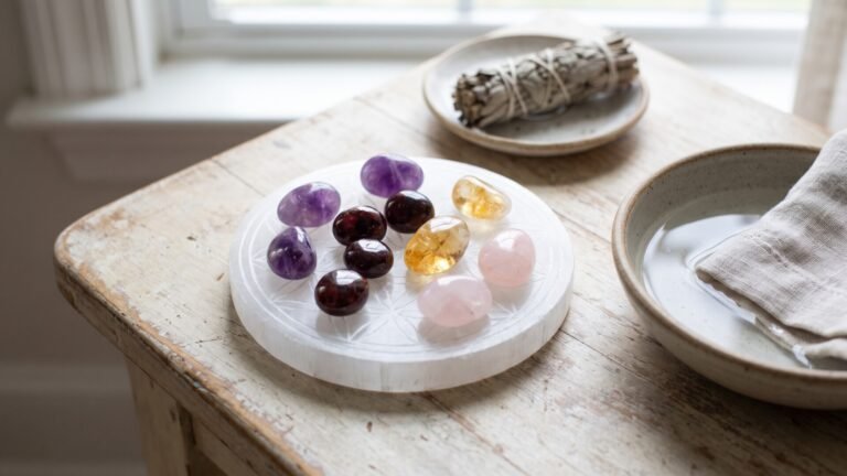 Polished birthstones resting on a round selenite charging plate beside a sage smudge stick and water bowl