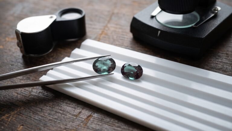 Two faceted alexandrite gemstones inspected with tweezers on a gem tray beside a loupe and microscope