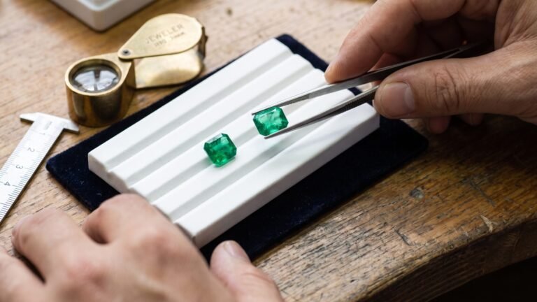 Gemologist comparing two faceted emerald gemstones side by side on a grooved sorting tray