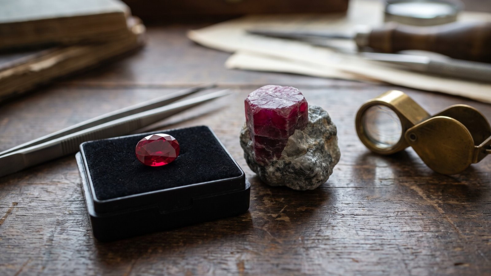 Faceted red ruby gemstone alongside raw hexagonal ruby crystal on a wooden workbench with gemology tools